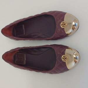 Tory Burch Kaitlin Burgundy Quilted Gold Toe Ballet Flats